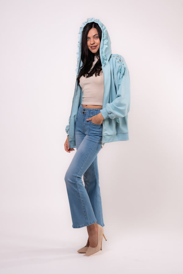 Sky Blue Lace-Trim Hoodie – A Whimsical Twist on Casual Comfort