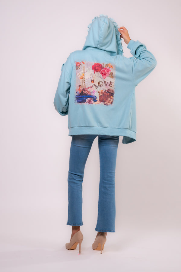 Sky Blue Lace-Trim Hoodie – A Whimsical Twist on Casual Comfort